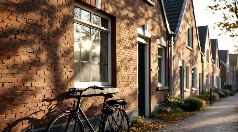 Rij Nederlandse rijtjeshuizen van rood-bruine baksteen met witte kozijnen in laag herfstlicht, een fiets tegen de gevel