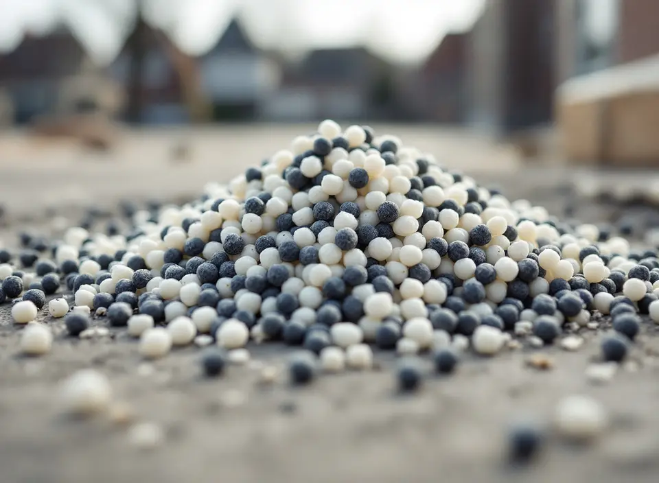 Een hoopje losse witte en grijze EPS-parels van een paar millimeter op een betonvloer