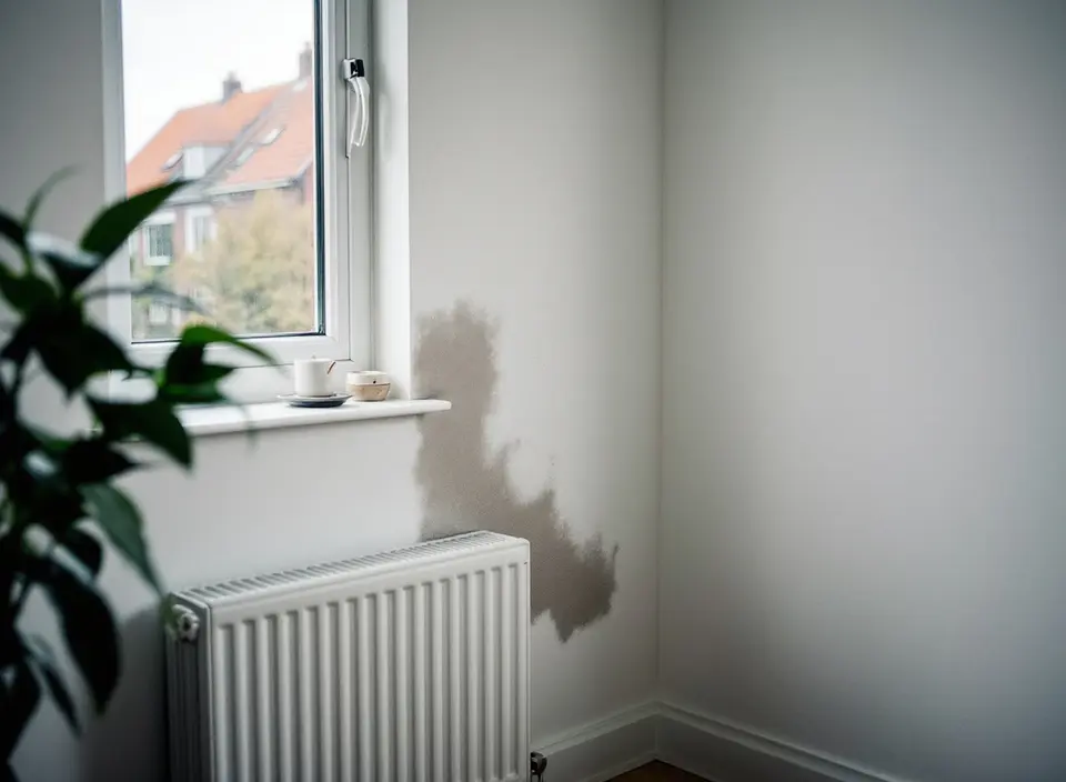 Hoek van een woonkamer naast een raam, met een grijze vochtplek op de muur achter de radiator